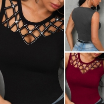 Sexy Rhinestone Spliced Sleeveless Hollow Out Top(It runs small)