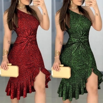 Sexy Sleeveless Irregular Ruffle Hem Slim Fit Twisted Dress
