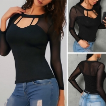 Sexy Gauze Spliced Long Sleeve Round Neck Hollow Out T-shirt
