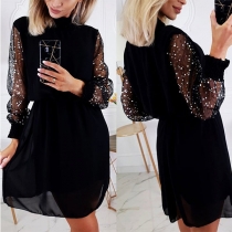 Sexy Gauze Spliced Long Sleeve Round Neck Dress