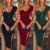 Sexy One-shoulder Slit Hem Sleeveless Slim Fit Ruffle Dress