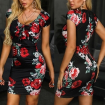 Fashion Short Sleeve Round Neck SSlim Fit Printed Dress