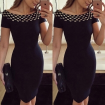 Retro Style Short Sleeve Boat Neck Slim Fit Rivets Dress