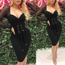 Sexy Gauze Spliced Long Sleeve V-neck Lace-up Slim Fit Dress