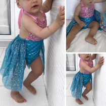 Sexy Backless Sequin Spliced Irregular Hem Sling Romper for Kids
