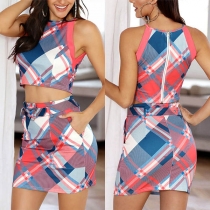 Sexy Sleeveless Round Neck Plaid Crop Top + Skirt Two-piece Set