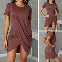 Fashion Solid Color Short Sleeve Round Neck Irregular Hem Dress