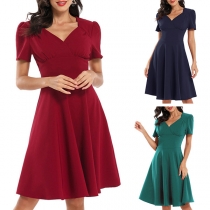 Sexy V-neck Short Sleeve High Waist Solid Color Dress