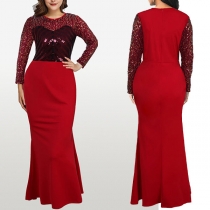 Elegant Style Long Sleeve Round Neck Sequin Spliced Party Dress