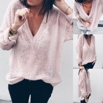 Sexy V-neck Long Sleeve Solid Color Loose Knit Top