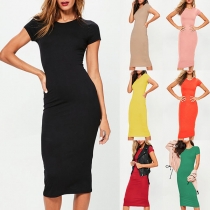 Fashion Solid Color Short Sleeve Round Neck Slim Fit Dress