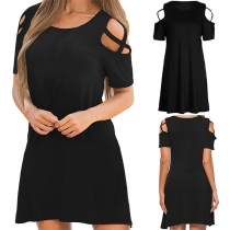 Sexy Off-shoulder Short Sleeve Round Neck Solid Color Dress