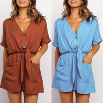 Fashion Solid Color Short Sleeve V-neck Knotted High Waist Romper