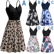 Sexy Backless V-neck Printed Sling Beach Dress(The size runs big)