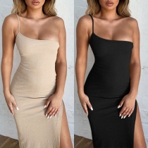 Sexy One-shoulder Slit Hem Slim Fit Sling Dress