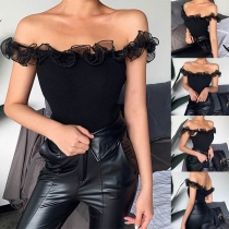 Sexy Gauze Spliced Boat Neck Slim Fit Top
