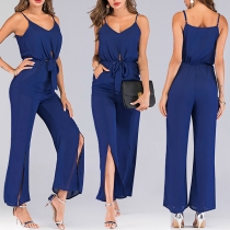 Sexy Backless V-neck Slit Hem High Waist Sling Jumpsuit