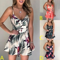 Sexy Backless V-neck High Waist Printed Sling Romper