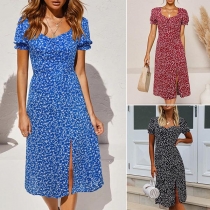 Sexy Slit Hem Short Sleeve Square Collar Printed Dress