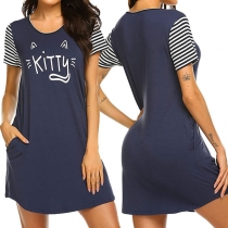 Cute Cartoon Printed Short Sleeve Round Neck Nightwear Dress