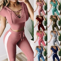 Sexig snörning V-ringad huva Tunn Crop Top + Byxor Sportdräkt