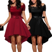 Sexy Lace Spliced Short Sleeve Boat Neck High-low Hem Dress