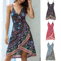 Bohemian Style Backless V-neck Irregular Hem Printed Sling Dress