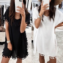 Fashion Solid Color Short Sleeve Round Neck Tassel Spliced Dress