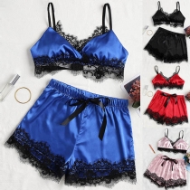 Sexy Backless Lace Spliced Sling Top + Shorts Nightwear Set
