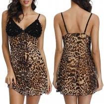 Sexy Backless V-neck Lace Spliced Leopard Printed Sling Nightwear Dress