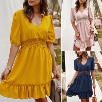 Fashion Half Sleeve V-neck Ruffle Hem Lace Spliced Dress
