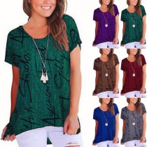 Fashion Short Sleeve Round Neck High-low Hem Letters Printed T-shirt