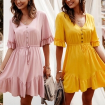 Sweet Style Lottus Sleeve V-neck Ruffle Hem Dress