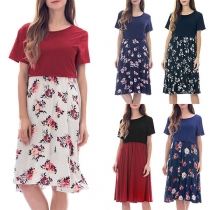 Fashion Short Sleeve Printed Spliced Hem Breastfeeding Dress