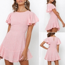 Sweet Style Lotus Sleeve Round Neck Ruffle Hem Dress