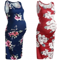 Fashion Sleeveless Round Neck Printed Maternity Dress