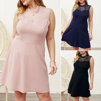 Elegant Solid Color Sleeveless Round Neck Lace Spliced Dress