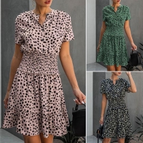 Fashion Short Sleeve V-neck Elastic Waist Printed Dress