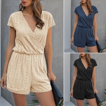 Fashion Short Sleeve V-neck Elastic Waist Lace Romper