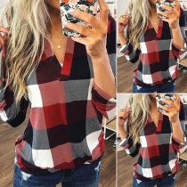 Fashion Long Sleeve V-neck Plaid Blouse