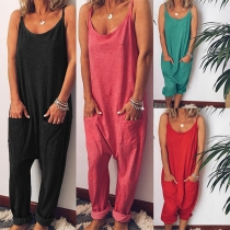 Sexy Backless Front-pocket Solid Color Loose Sling Jumpsuit