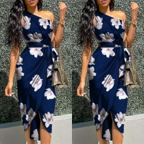 Sexy One-shoulder Sleeveless Irregular Hem Printed Dress