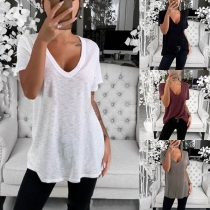 Enkel design kortärmad V-ringad enfärgad T-shirt