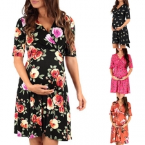 Fashion Short Sleeve V-neck Printed Maternity Dress