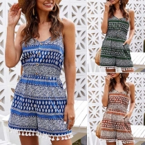 Sexy Backless V-neck Tassel Hem Printed Sling Romper