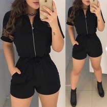 OL Style Short Sleeve POLO Collar High Waist Romper