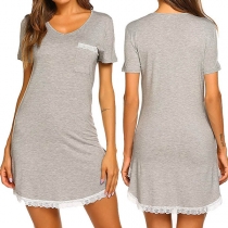 Fashion Short Sleeve V-neck Lace Spliced Hem Nightwear Dress