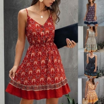 Sexy Backless V-neck Elastic Waist Printed Sling Dress