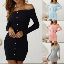 Sexy Off-shoulder Boat Neck Long Sleeve Slim Fit Dress