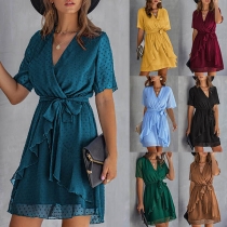 Sexy V-neck Short Sleeve Ruffle Lace-up Dress